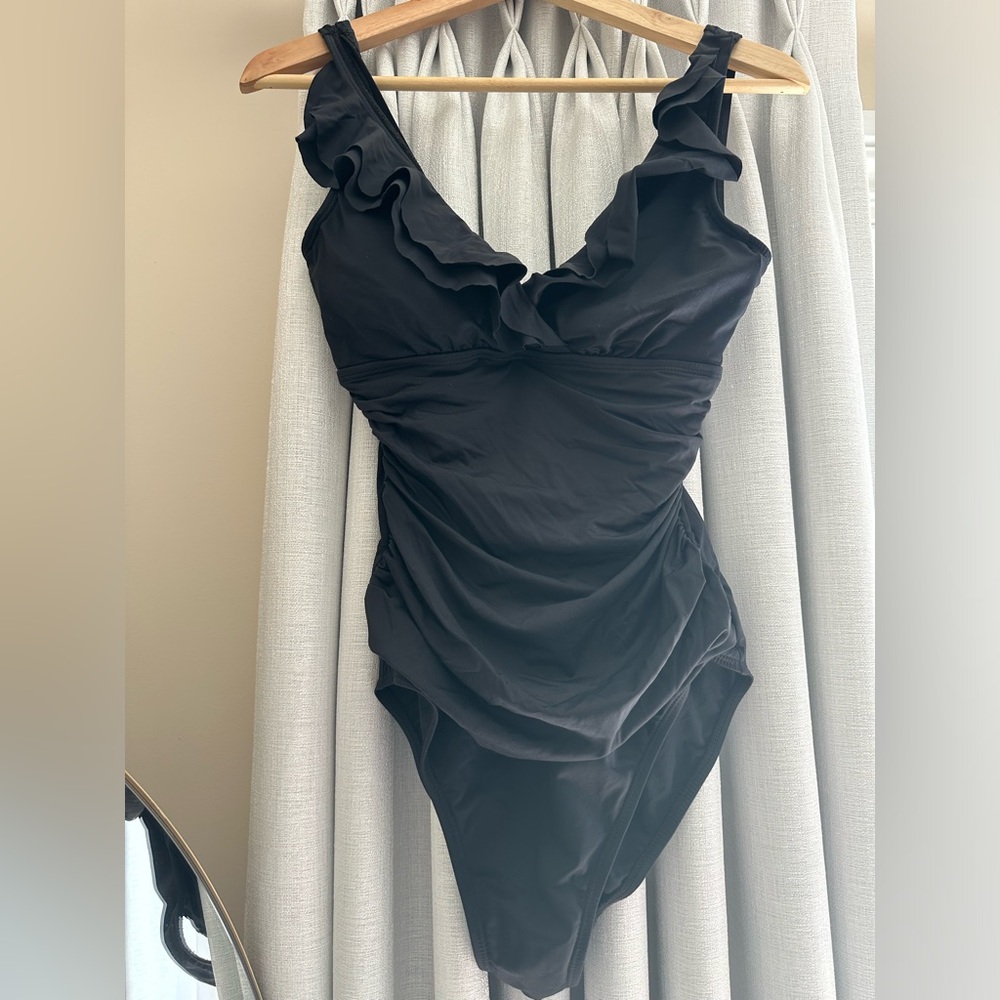 Ralph Lauren black one piece bathing suit with front ruffle detail